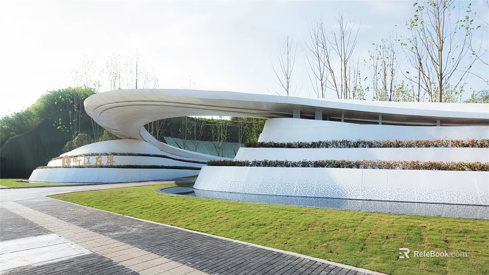 Modern Garden Landscape With Curved Architecture Terraced Greenery And Water Features 3d model 