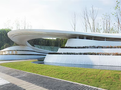 Modern Garden Landscape With Curved Architecture Terraced Greenery And Water Features 3d model