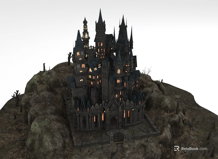 Ancient Castle on Rocky Hill With Spires Towers and Lit Windows Surrounded by Withered Trees 3d model 
