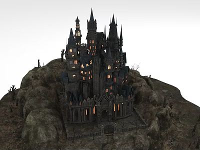 Ancient Castle on Rocky Hill With Spires Towers and Lit Windows Surrounded by Withered Trees 3d model