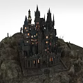 Ancient Castle on Rocky Hill With Spires Towers and Lit Windows Surrounded by Withered Trees 3d model