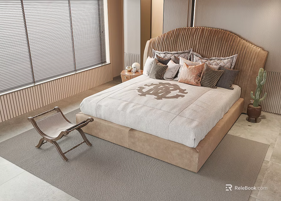 Modern Double Bed With Textured Headboard Multiple Pillows Patterned Quilt And Wooden Chair 3d model 