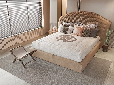 Modern Double Bed With Textured Headboard Multiple Pillows Patterned Quilt And Wooden Chair 3d model