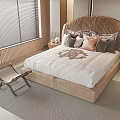Modern Double Bed With Textured Headboard Multiple Pillows Patterned Quilt And Wooden Chair