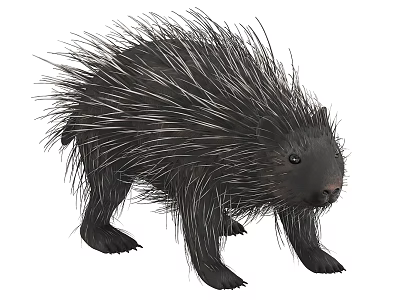Realistic Black Porcupine With Long Sharp Quills Standing In Natural Pose 3d model