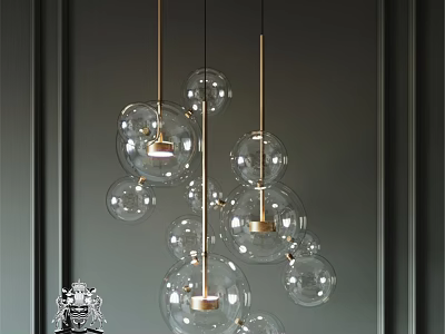 Elegant Contemporary Glass Ball Chandelier with Gold Metal Frame Against Dark Gray Wall 3d model