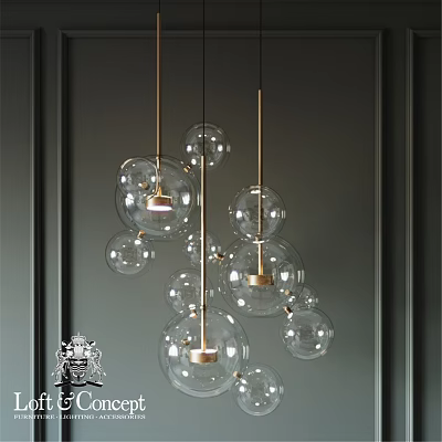 Elegant Contemporary Glass Ball Chandelier with Gold Metal Frame Against Dark Gray Wall 3d model