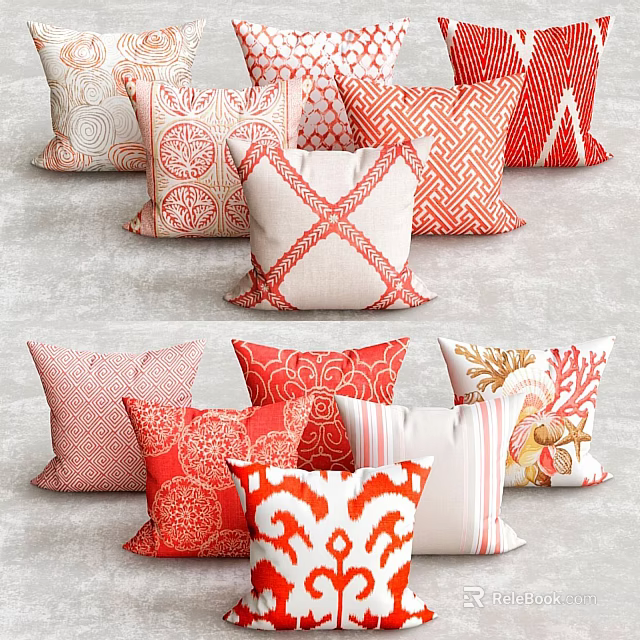 Red and White Throw Pillows With Geometric Floral Stripe Patterns Arranged On Surface 3d model