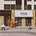 Vibrant Commercial Street with Multi Story Buildings Various Shops Pedestrians And Paved Plaza Area