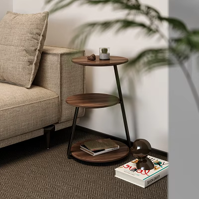 Wooden Two Tier Side Table with Decorative Items Next to Sofa in Living Room 3d model