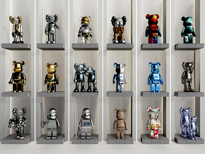 Collectible Metallic Bear Figurine Set With Various Colors Displayed On Shelves 3d model