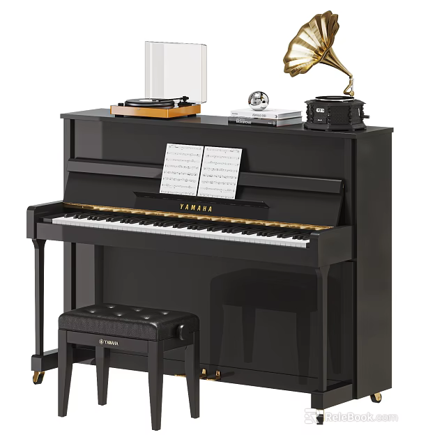 Elegant Black Piano with Sheet Music Phonograph Record Player and Padded Stool Accessory 3d model 