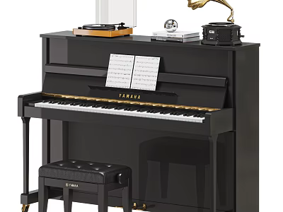Elegant Black Piano with Sheet Music Phonograph Record Player and Padded Stool Accessory 3d model