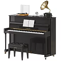 Elegant Black Piano with Sheet Music Phonograph Record Player and Padded Stool Accessory