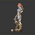Pink Haired Female Warrior in Blue White Armor Holding Spear with Creature Egg and Grass