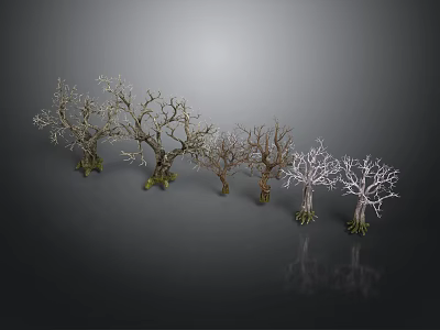Leafless Trees with Various Colored Trunks Green Bases in Dark Background and Reflections 3d model