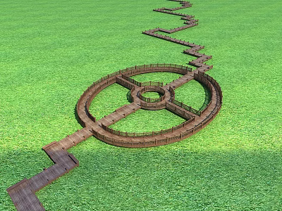 Wooden Roadway Facilities On Green Grass Field With Circular Design And Winding Pathways 3d model