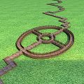 Wooden Roadway Facilities On Green Grass Field With Circular Design And Winding Pathways