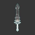Enchanted Fantasy Sword With Blue Blade Ancient Runes And Golden Hilt Gemstone