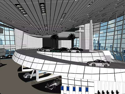 Modern 4S Car Dealership Interior With Multi Level Car Display Large Windows And Palm Trees 3d model