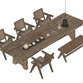 Rustic Wooden Tea Table Set With Four Chairs And Bench Featuring Tea Sets And Kettle 3d model