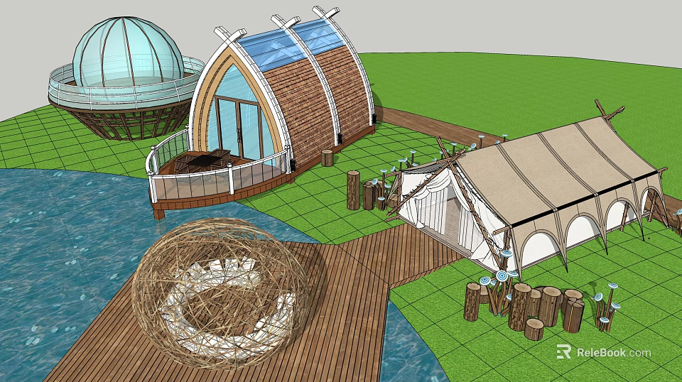 Boutique Homestay Building With Arched Wooden Roof Glass Windows And Waterfront Boardwalk 3d model 