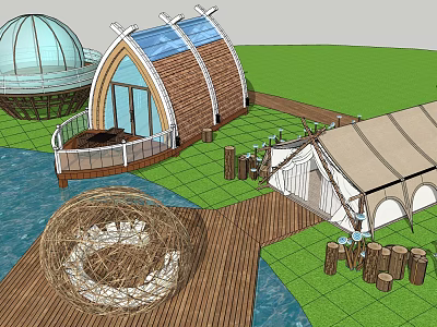 Boutique Homestay Building With Arched Wooden Roof Glass Windows And Waterfront Boardwalk 3d model