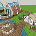 Boutique Homestay Building With Arched Wooden Roof Glass Windows And Waterfront Boardwalk