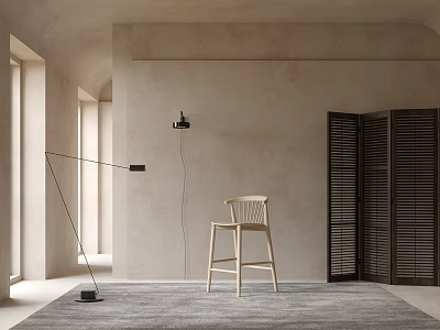 Minimalist Interior Featuring Light Wood Bar Stool With Floor Lamp And Shutter Doors 3d model