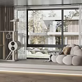 Modern Living Room With Cozy Single Sofa Large Window Trees Cat Tree And Green Plant