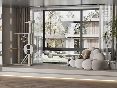 Modern Living Room With Cozy Single Sofa Large Window Trees Cat Tree And Green Plant 3d model