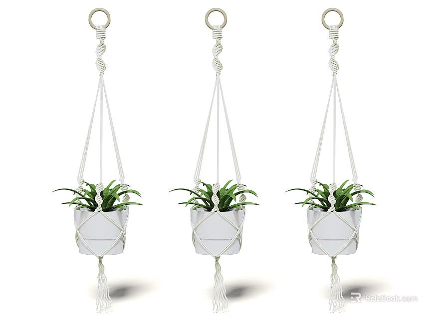 Stylish Hanging Macramé Planters with Lush Green Plants in White Pots 3d model 