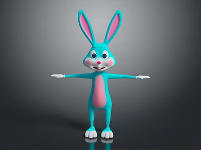 Cartoon Rabbit Game Animation Character With Blue Body Pink Belly White Paws And Smiling Expression 3d model