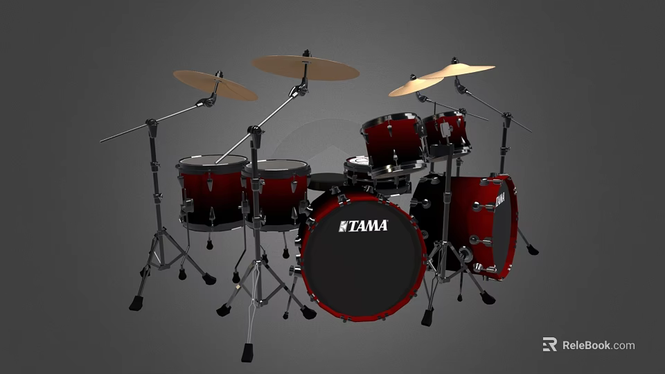 TAMA Complete Drum Set With Red Drums Chrome Cymbals And Metal Stands 3d model 