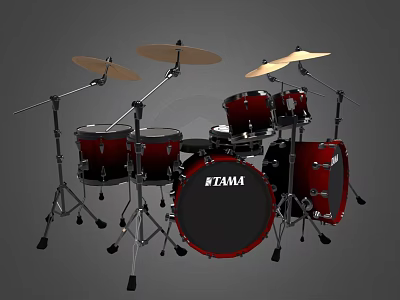 TAMA Complete Drum Set With Red Drums Chrome Cymbals And Metal Stands 3d model