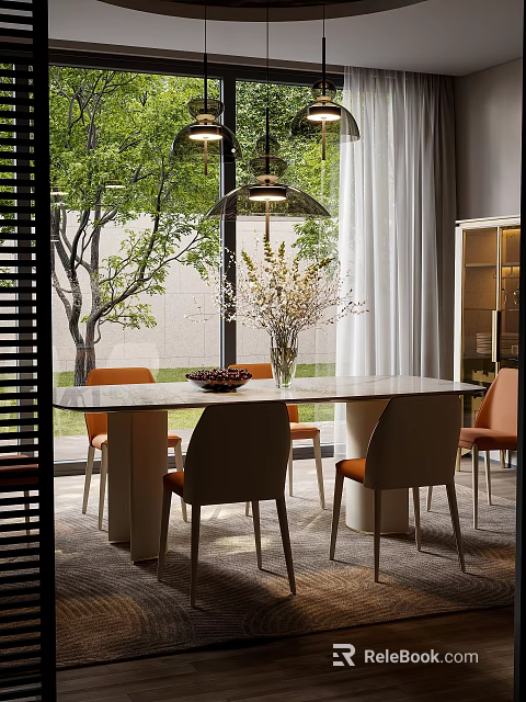 Modern Restaurant Dining Space With Wooden Table Orange Chairs Large Windows And Pendant Light 3d model 
