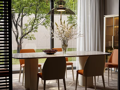 Modern Restaurant Dining Space With Wooden Table Orange Chairs Large Windows And Pendant Light 3d model