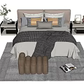 Modern Double Bed with Patterned Pillows Blanket Bedside Tables and Decorative Items on Area Rug 3d model