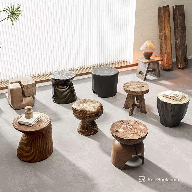 Various Stylish Interior Wooden Stools With Different Designs And Natural Wood Textures 3d model 