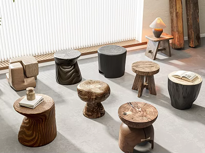 Various Stylish Interior Wooden Stools With Different Designs And Natural Wood Textures 3d model