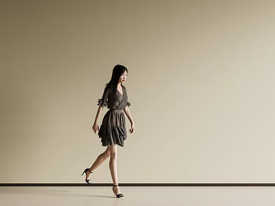 A Woman Walking Against Beige Background Wearing Dark Dress High Heels and Long Black Hair 3d model