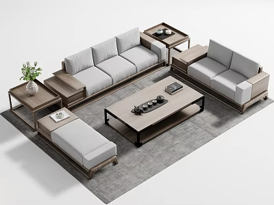 Modern Sectional Sofa Set With Coffee Table Wooden Accents Side Tables And Area Rug 3d model