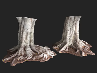 Pair of Natural Stone Wood Tree Stumps With Realistic Root Texture And Decorative Design 3d model