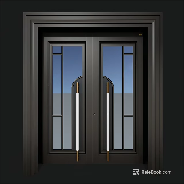 Modern Double Doors Design with Black Frame Glass Panels and White Handles 3d model 