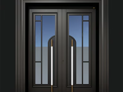 Modern Double Doors Design with Black Frame Glass Panels and White Handles 3d model