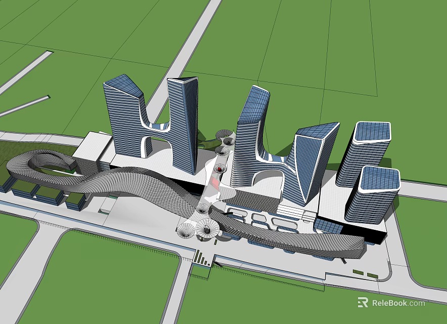 Modern Commercial Complex With High Rise Buildings And Connected Open Spaces 3d model 