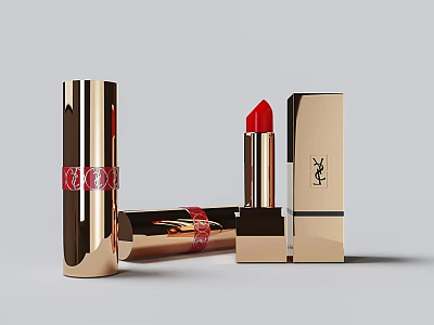 YSL Luxury Lipsticks With Golden Casing Open Red Bullet And Brand Logo Design 3d model