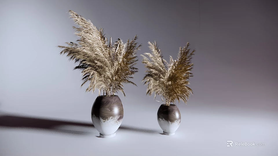 Two Brown And White Gradient Vases With Golden Pampas Grass On Minimalist Gray Background 3d model 
