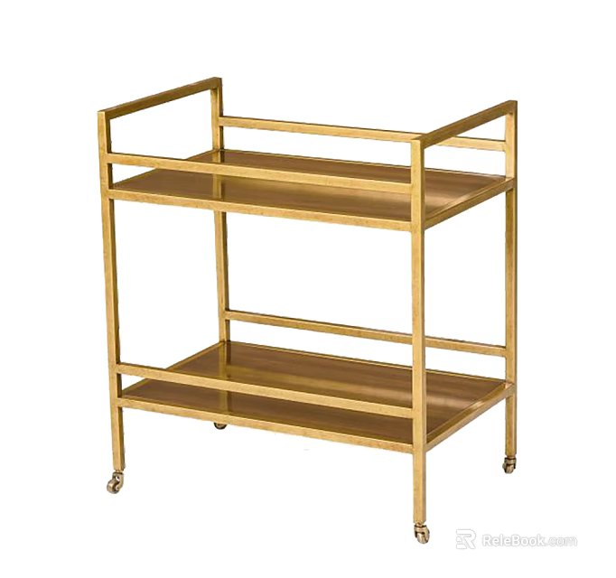 Gold Three Tier Metal Rolling Cart With Shelves And Wheels 3d model 