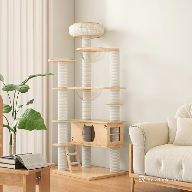 Multi Level Wooden Cat Tree With Scratching Posts And Cozy Condo For Home Living Room 3d model 